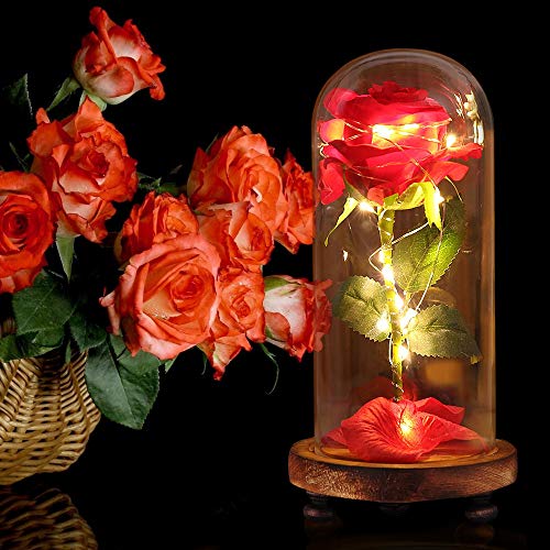 APERIL La Bella y la Bestia Rose Roja Kit Completo con Cúpula de Cristal Luz LED y Base de Madera Marrón Cubierta para la Decoración San Valentín Boda Fiesta Cumpleaños Aniversario Día de la Madre
