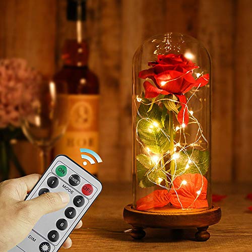 APERIL La Bella y la Bestia Rose Roja Kit Completo con Cúpula de Cristal Luz LED y Base de Madera Marrón Cubierta para la Decoración San Valentín Boda Fiesta Cumpleaños Aniversario Día de la Madre