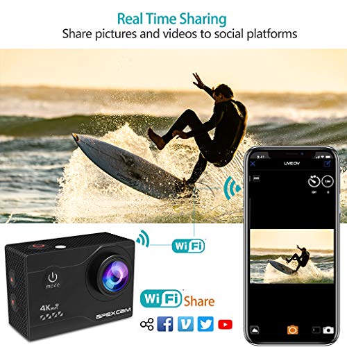 Apexcam Cámara Deportiva 4K 20MP WiFi Ultra HD Cámara subacuática Impermeable 40M Action Camera 2.0'LCD 170° Gran Angular 2.4G Remoto 2 baterías de 1050mAh y Accesorios Multiples