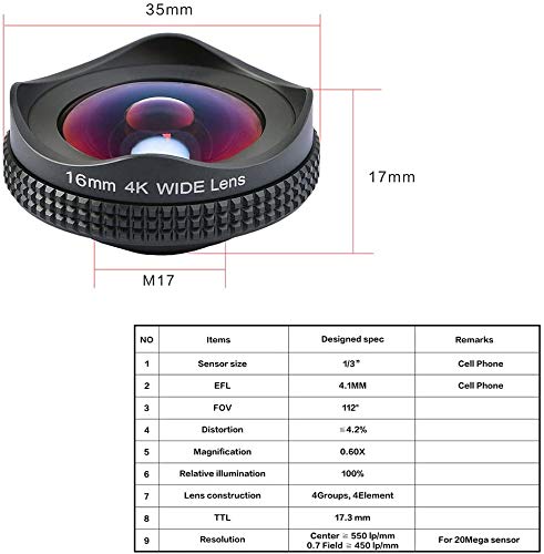 Apexel Profesional 4K HD - Lente Gran Angular con Lente CPL para iPhone 7 SE 6 / 6s Más Samsung S7 / S7 Edge y la mayoría de Smartphone Android (Sin Círculo Oscuro) - Negro