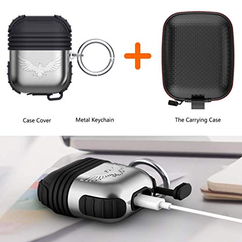 Apple Airpods Funda de Metal Kppto, Case protectora de Airpods, funda de silicona metal, con llavero, es adecuado para la funda a prueba de golpes para Apple AirPods, con accesorios (Plata Negro)