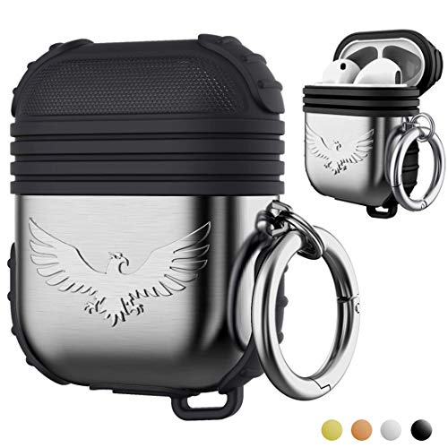 Apple Airpods Funda de Metal Kppto, Case protectora de Airpods, funda de silicona metal, con llavero, es adecuado para la funda a prueba de golpes para Apple AirPods, con accesorios (Plata Negro)