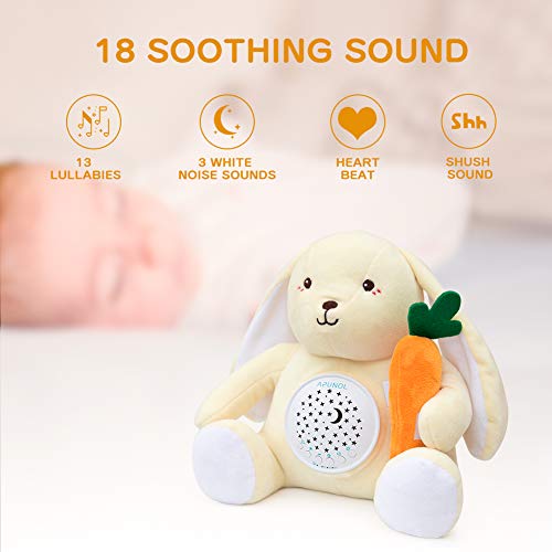 APUNOL Peluche Bebés Musical, Recargable Proyector Bebes Luces y Musica Juguete Conejo Regalos para Bebes Recien Nacidos con Chupete para Dormer, Sensor de llanto y 18 Canciones de Cuna