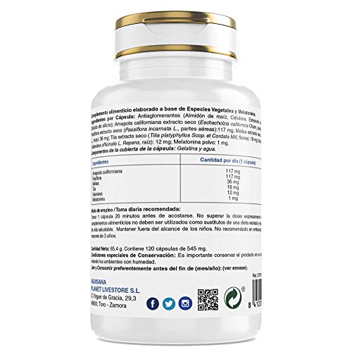 AquiSana, Melatonina, Valeriana y Tila , Antioxidante Natural, 120 Cápsulas