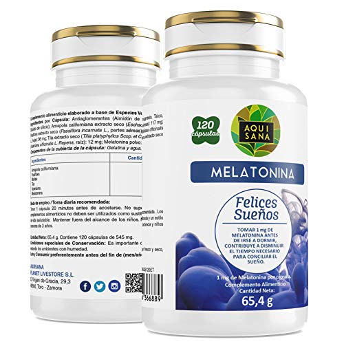 AquiSana, Melatonina, Valeriana y Tila , Antioxidante Natural, 120 Cápsulas