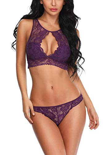 Aranmei Conjuntos de Lencería Mujer Encaje Bra y Braguitas(Morado,Small)