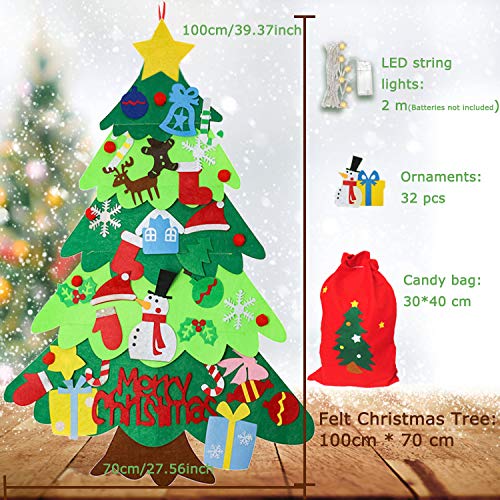 árbol de navidad de fieltro para niños, árboles de navidad pequeños, árbol de navidad para niños, árbol de navidad verde, con luz LED de 2 m 32 piezas Adornos y bolsa de dulces para