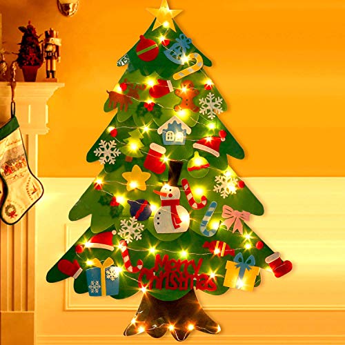 árbol de navidad de fieltro para niños, árboles de navidad pequeños, árbol de navidad para niños, árbol de navidad verde, con luz LED de 2 m 32 piezas Adornos y bolsa de dulces para