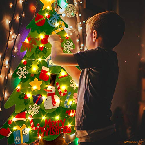 árbol de navidad de fieltro para niños, árboles de navidad pequeños, árbol de navidad para niños, árbol de navidad verde, con luz LED de 2 m 32 piezas Adornos y bolsa de dulces para