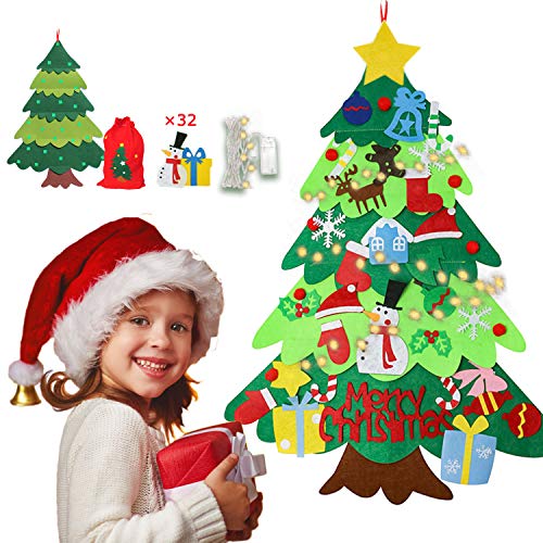 árbol de navidad de fieltro para niños, árboles de navidad pequeños, árbol de navidad para niños, árbol de navidad verde, con luz LED de 2 m 32 piezas Adornos y bolsa de dulces para