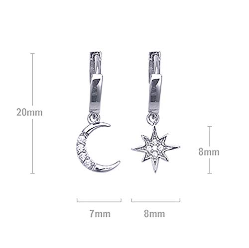 Aretes con forma de argolla Star Moon, pendientes de plata de ley de 14 quilates chapados en oro, pequeños pendientes CZ Evil Eye para mujer o niña (Plata)