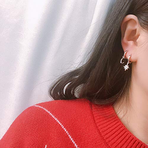 Aretes con forma de argolla Star Moon, pendientes de plata de ley de 14 quilates chapados en oro, pequeños pendientes CZ Evil Eye para mujer o niña (Plata)