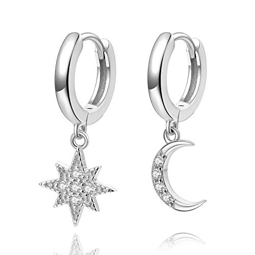 Aretes con forma de argolla Star Moon, pendientes de plata de ley de 14 quilates chapados en oro, pequeños pendientes CZ Evil Eye para mujer o niña (Plata)