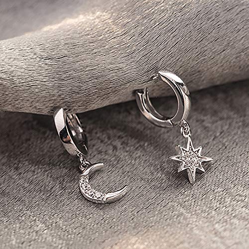 Aretes con forma de argolla Star Moon, pendientes de plata de ley de 14 quilates chapados en oro, pequeños pendientes CZ Evil Eye para mujer o niña (Plata)