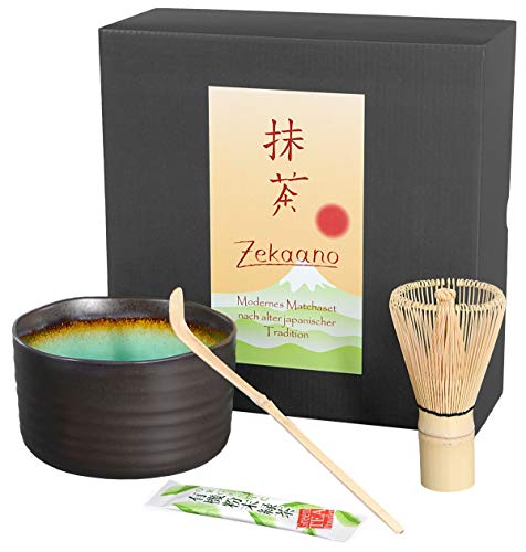 Aricola Juego de té Matcha de 3 Piezas, Color Antracita/Turquesa, Compuesto por Cuenco de té Matcha, Cuchara y Escoba de té Matcha (bambú) en Caja de Regalo. Producto Original