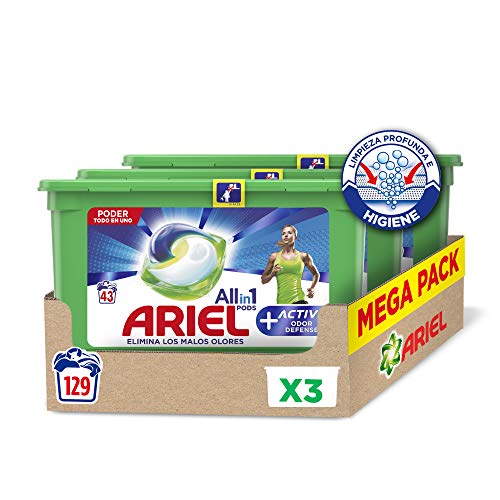 Ariel Allin1 Pods Active - Detergente en cápsulas para la lavadora, adecuado para eliminar los malos olores, 129 lavados/unidades (3 x 43)