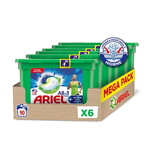Ariel Allin1 Pods Active - Detergente en cápsulas para la lavadora, óptimo para eliminar los malos olores, 90 lavados (6 x 15)