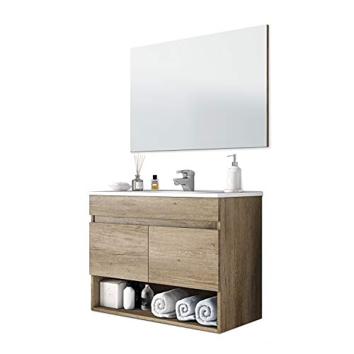 ARKITMOBEL 305110H - Mueble de baño Cotton con 2 Puertas y Espejo, modulo Lavabo Color Nordik, Medidas: 80 cm (Ancho) x 64 cm (Alto) x 45 cm (Fondo)