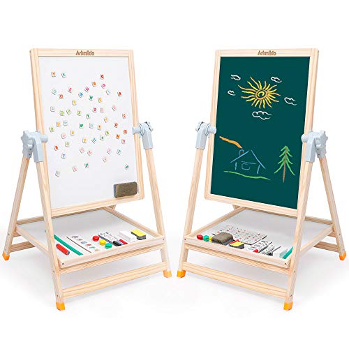 Arkmiido Caballete para niños Caballete de Madera Plegable Tablero de Dibujo magnético de Doble Cara con Borrador y Paquete de tizas y Pegatinas magnéticas cognitivas Regalo de cumpleaños por 3 años