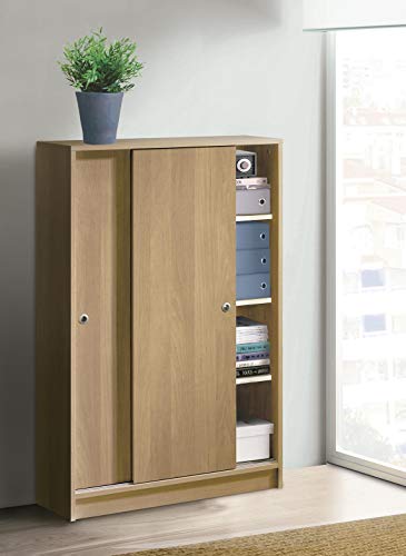 Armario Auxiliar Zapatero Multiusos Roble de 2 Puertas correderas, estantes Regulables para Oficina, despensa, Cocina. 120cm Alto x 74cm Ancho x 33cm Fondo
