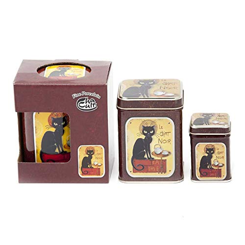 Aromas de Té - Pack Conjunto de Tisanera/Taza para Té de Porcelana + Latas de Té con diseño Le Chat Noir + Infusor de Acero, 100 y 25 grs.
