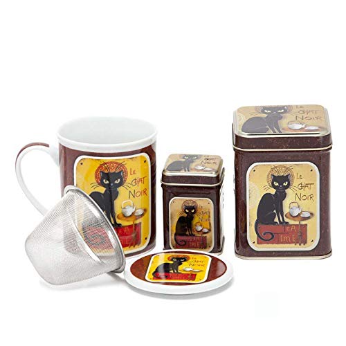Aromas de Té - Pack Conjunto de Tisanera/Taza para Té de Porcelana + Latas de Té con diseño Le Chat Noir + Infusor de Acero, 100 y 25 grs.