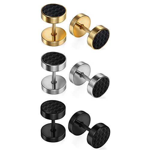 Aroncent Pendientes de Acero Inoxidable Quirúrgico Fibra de Carbono para Oído Dumbbells Aretes de Perno Forma de Pesas para Hombre Mujer Unisex de Multicolor 8mm 6PCS