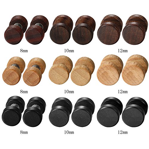 Aroncent Pendientes de Acero Inoxidable Quirúrgico y Madera para Oído Dumbbells Aretes de Perno Forma Pesas para Hombre Mujer Unisex 8-12 mm 6 Pcs (8)