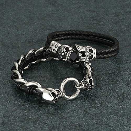 Aroncent Pulsera de Cuero con Cráneo Calavera Gótico Punk Rock Biker de Acero Inoxidable Brazalete de Estilo Retro para Hombre, Negro – 2PCS