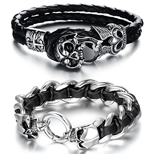 Aroncent Pulsera de Cuero con Cráneo Calavera Gótico Punk Rock Biker de Acero Inoxidable Brazalete de Estilo Retro para Hombre, Negro – 2PCS