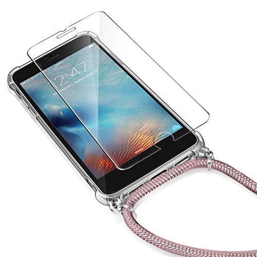 AROYI Funda con Cuerda para iPhone 6 / 6S + Protector Pantalla, Carcasa Transparente TPU Silicona Case con Colgante Ajustable Collar Correa de Cuello Cadena Cordón para iPhone 6 / 6S - Oro Rosa