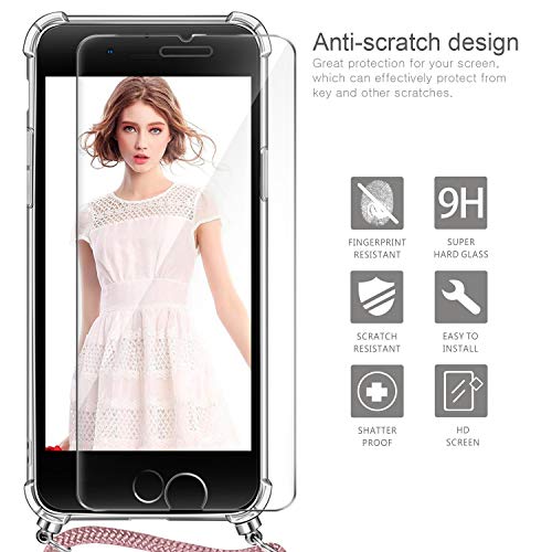 AROYI Funda con Cuerda para iPhone 7 Plus/8 Plus + Protector Pantalla, Carcasa Transparente TPU Silicona Case con Colgante Ajustable Collar Correa de Cuello Cordón para iPhone 7 Plus/8 Plus - Oro Rosa