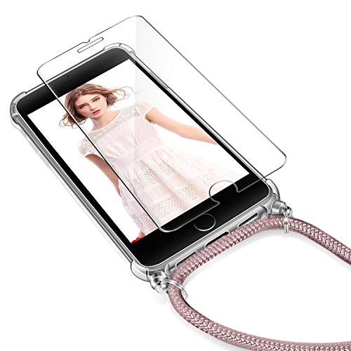 AROYI Funda con Cuerda para iPhone 7 Plus/8 Plus + Protector Pantalla, Carcasa Transparente TPU Silicona Case con Colgante Ajustable Collar Correa de Cuello Cordón para iPhone 7 Plus/8 Plus - Oro Rosa