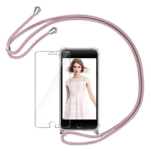 AROYI Funda con Cuerda para iPhone 7 Plus/8 Plus + Protector Pantalla, Carcasa Transparente TPU Silicona Case con Colgante Ajustable Collar Correa de Cuello Cordón para iPhone 7 Plus/8 Plus - Oro Rosa