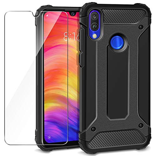 AROYI Funda Xiaomi Redmi Note 7 / Note 7 Pro + Protectores de Pantalla in Cristal Templado, Robusta Carcasa Híbrida TPU+PC de Doble Capa Anti-arañazos Caso para Xiaomi Redmi Note 7 Pro Negro