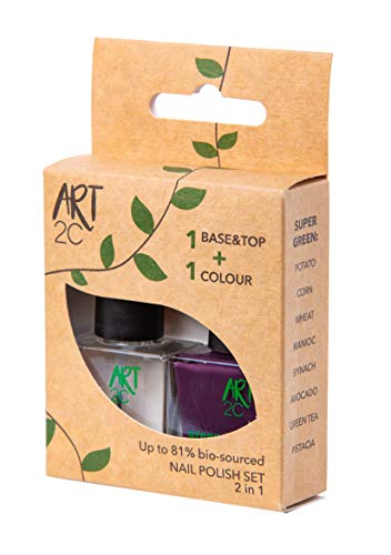Art 2C - Esmalte de uñas puro con fórmula 85 % ecológica y vegana, paquete de 2 productos: 1 base/acabado y 1 esmalte en color oscuro, 2 x 9 ml