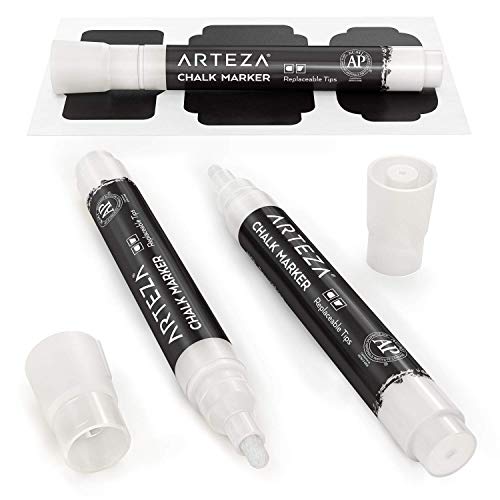 Arteza Etiquetas adhesivas para frascos + 3 Rotuladores de tiza blancos | Impermeables y extraíbles | Pegatinas de pizarra para tarros de cristal