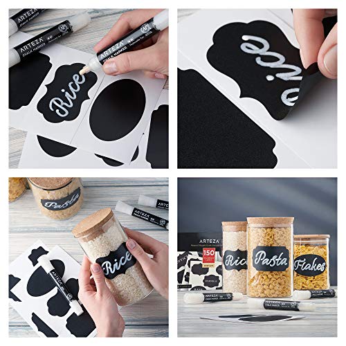 Arteza Etiquetas adhesivas para frascos + 3 Rotuladores de tiza blancos | Impermeables y extraíbles | Pegatinas de pizarra para tarros de cristal