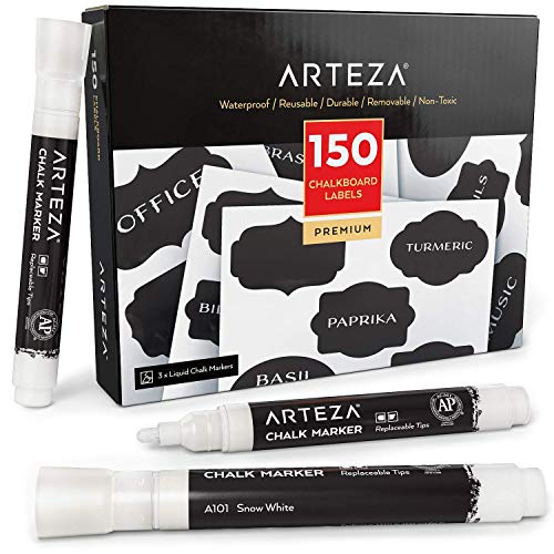 Arteza Etiquetas adhesivas para frascos + 3 Rotuladores de tiza blancos | Impermeables y extraíbles | Pegatinas de pizarra para tarros de cristal