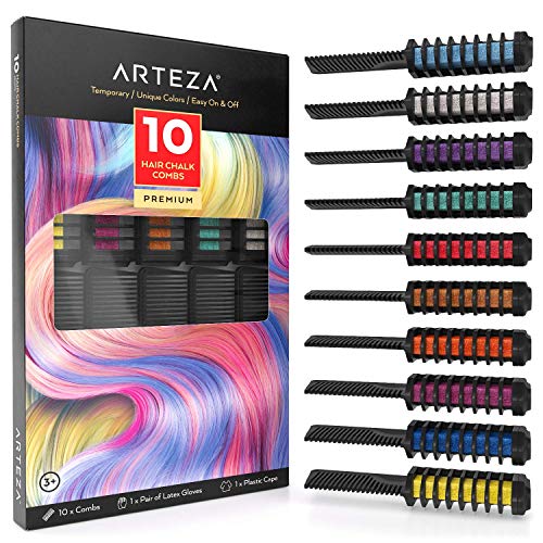 Arteza Peines de tiza de colores para el pelo - 10 colores temporales de cabello, perfectos para fiestas, Halloween, disfraces, festivales, teatro y más. Incluye guantes y capa