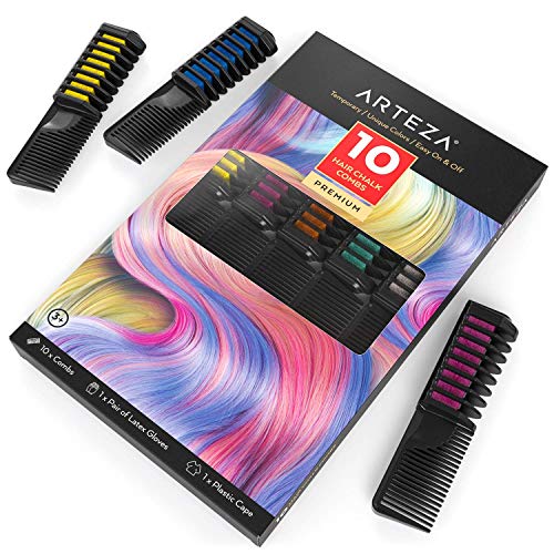 Arteza Peines de tiza de colores para el pelo - 10 colores temporales de cabello, perfectos para fiestas, Halloween, disfraces, festivales, teatro y más. Incluye guantes y capa