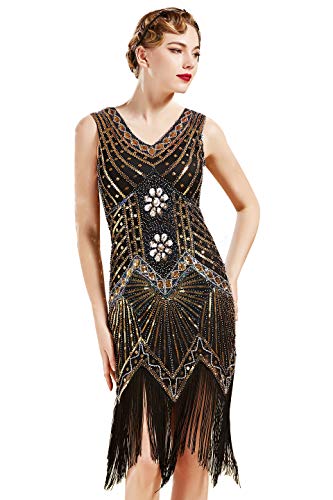 ArtiDeco Años 20 Estilo Vintaje Vestido con Cuello en V Gatsby Disfraz Vestido con Flecos de Lentejuelas