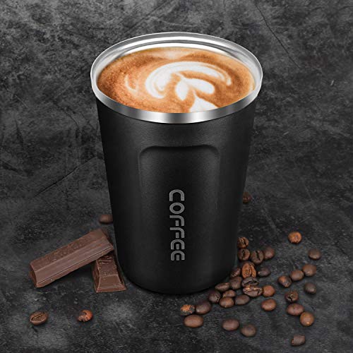 Artlive Taza de café con Aislamiento, Taza de Viaje de Doble Pared Aislamiento al vacío Acero Inoxidable con Tapa a Prueba de Fugas Taza Reutilizable ecológica para café, té y Cerveza 13oz, Negro