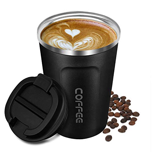 Artlive Taza de café con Aislamiento, Taza de Viaje de Doble Pared Aislamiento al vacío Acero Inoxidable con Tapa a Prueba de Fugas Taza Reutilizable ecológica para café, té y Cerveza 13oz, Negro