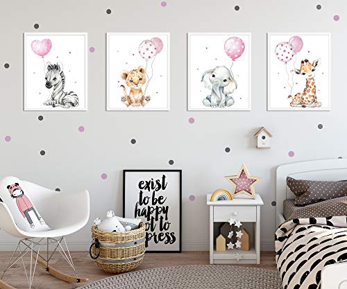 artpin Juego de 4 imágenes para habitación de niños, rosa decoración para niños y niñas, DIN A4, póster, diseño de animales de la jungla p64