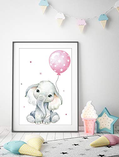 artpin Juego de 4 imágenes para habitación de niños, rosa decoración para niños y niñas, DIN A4, póster, diseño de animales de la jungla p64
