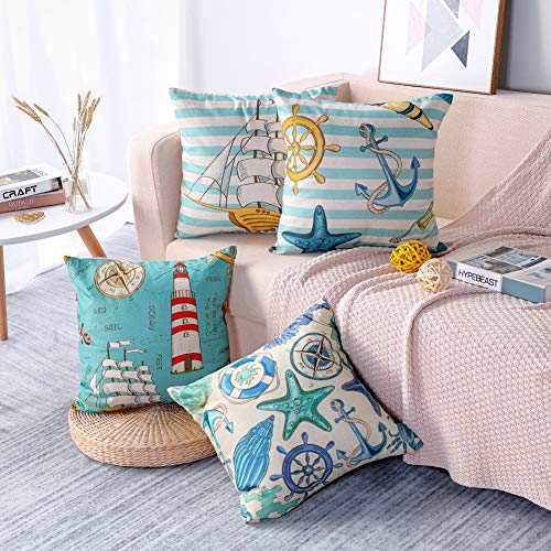 Artscope Funda de Cojín de Algodón de Lino Suave Funda de Almohada Cuadrado para Sofá Cama Decoración para Hogar 45x45cm,Set de 4 (Tema náutico de Dibujos Animados)