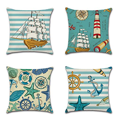 Artscope Funda de Cojín de Algodón de Lino Suave Funda de Almohada Cuadrado para Sofá Cama Decoración para Hogar 45x45cm,Set de 4 (Tema náutico de Dibujos Animados)