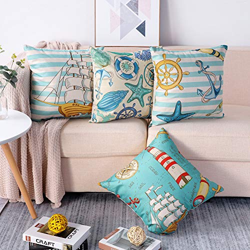 Artscope Funda de Cojín de Algodón de Lino Suave Funda de Almohada Cuadrado para Sofá Cama Decoración para Hogar 45x45cm,Set de 4 (Tema náutico de Dibujos Animados)