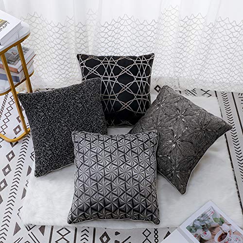 Artscope Funda de Cojine de Seda Simulada Suave Decorativos para Sofá Cama,4 Pack Funda de Almohada Cuadrada 45x45 cm con Cremallera Invisible (Geométrico Negro)